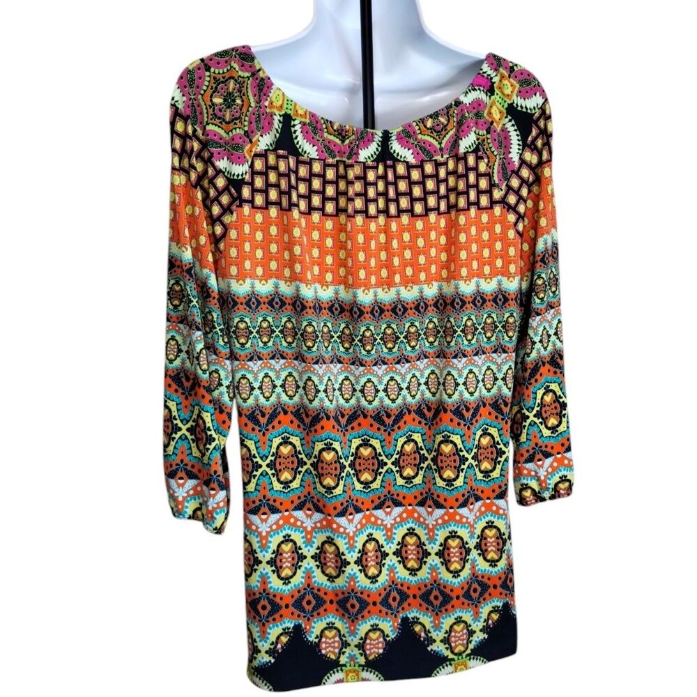 Susan Lawrence BOHO Style Blouse 3/4 elastic Sleeve Chain V Neck Closure L - Picture 4 of 9